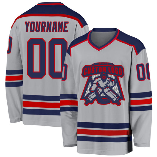 Custom Gray Navy-Red Hockey Jersey - Main View