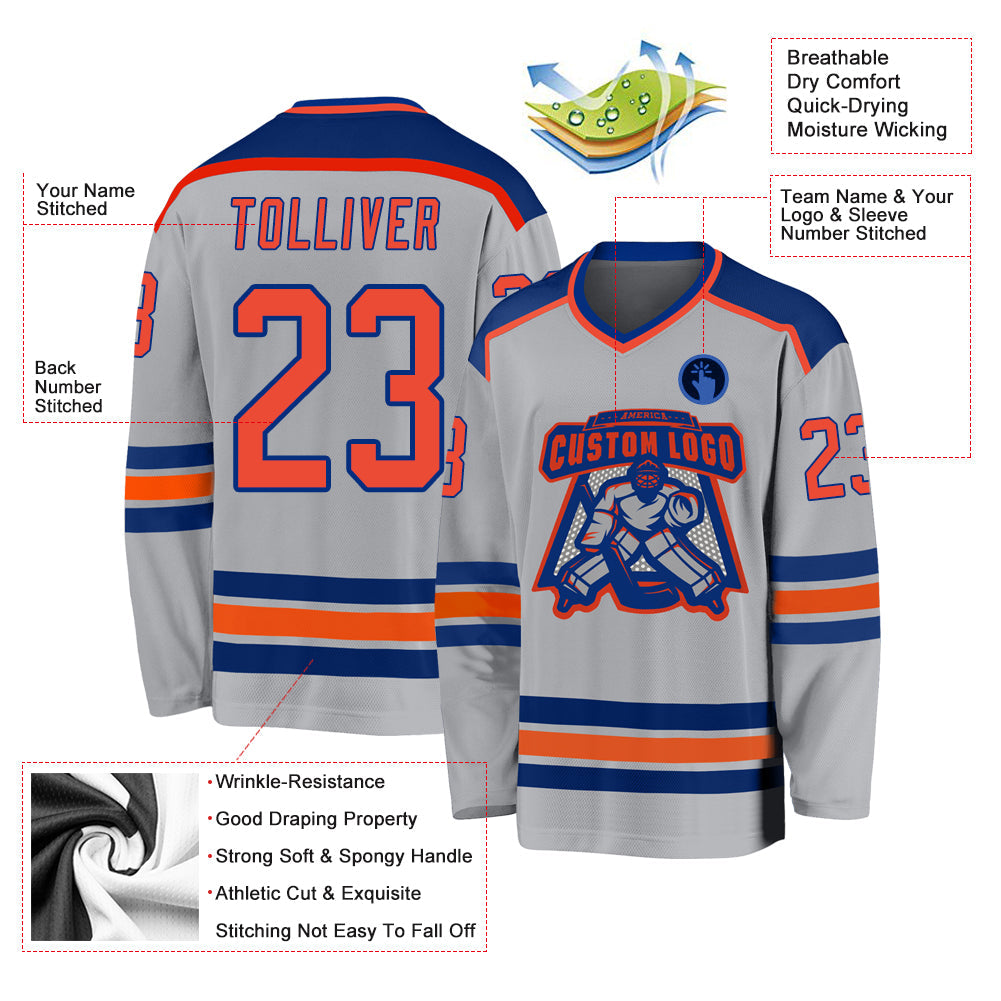 Custom Gray Orange-Royal Hockey Jersey view 3