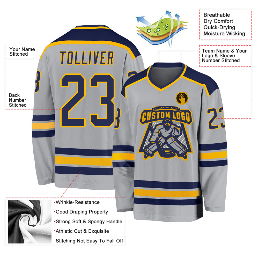 Custom Gray Navy-Gold Hockey Jersey view 3