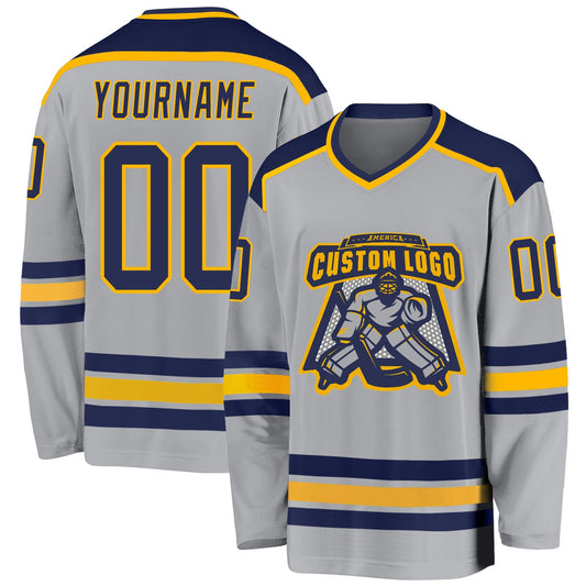 Custom Gray Navy-Gold Hockey Jersey - Main View