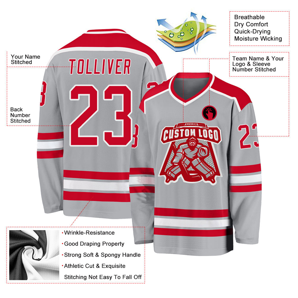 Custom Gray Red-White Hockey Jersey view 3