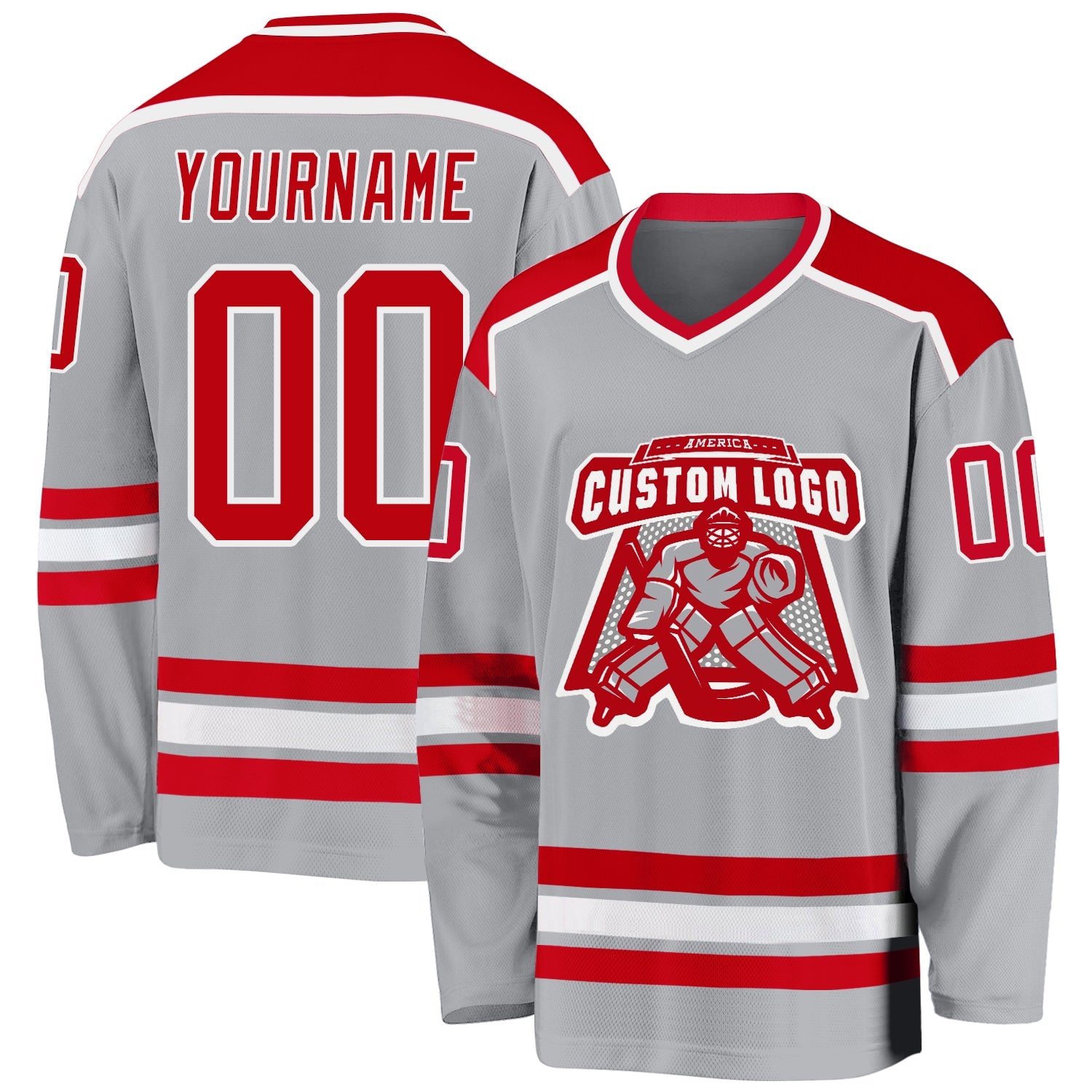 Custom Gray Red-White Hockey Jersey - Main View