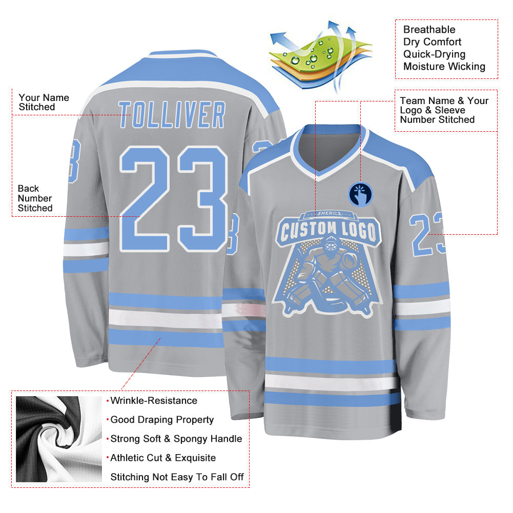 Custom Gray Light Blue-White Hockey Jersey view 3