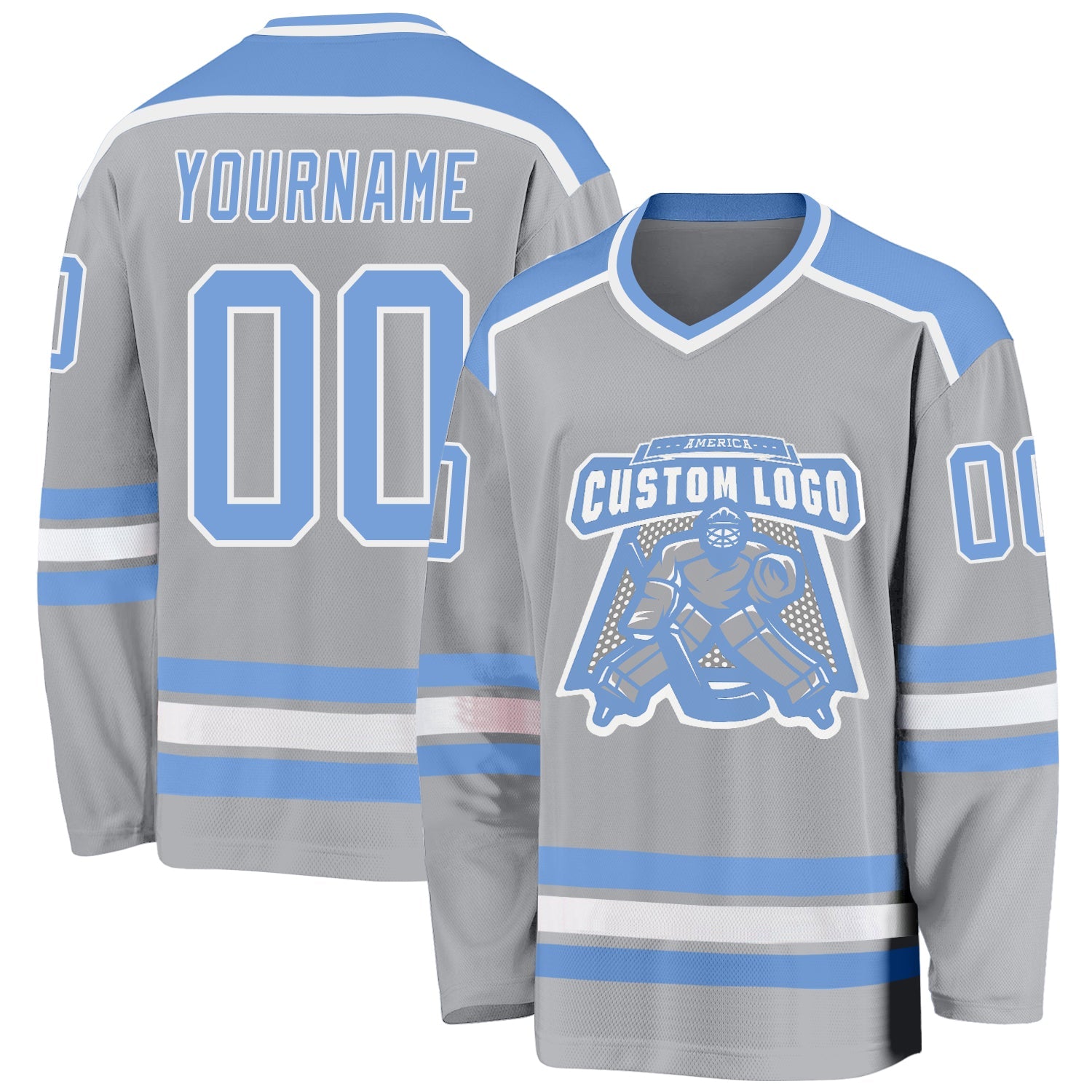 Custom Gray Light Blue-White Hockey Jersey - Main View
