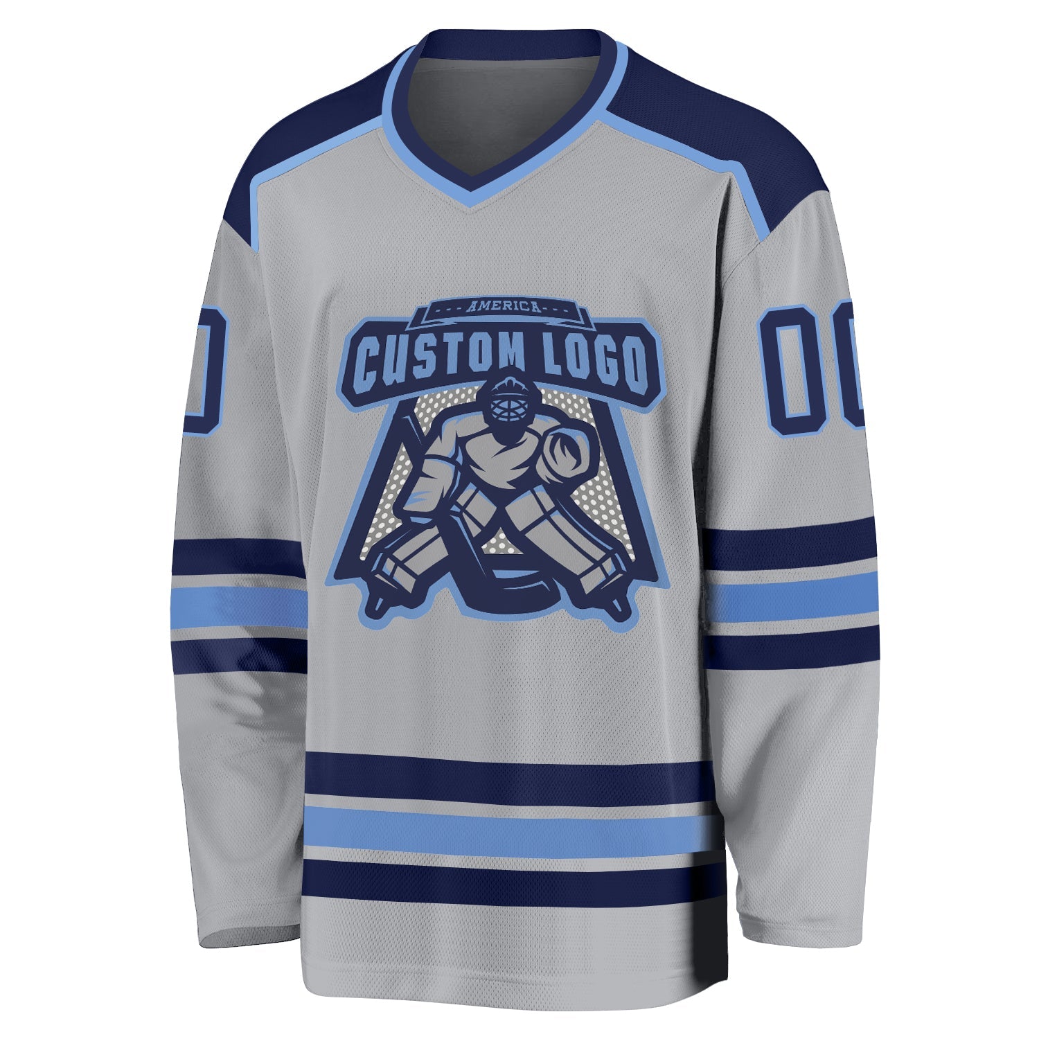 Custom Gray Navy-Light Blue Hockey Jersey view 2