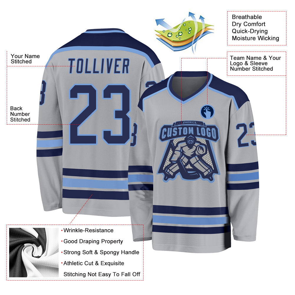 Custom Gray Navy-Light Blue Hockey Jersey view 3