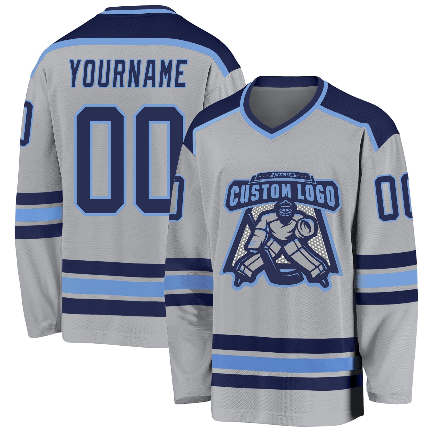 Custom Gray Navy-Light Blue Hockey Jersey - Main View