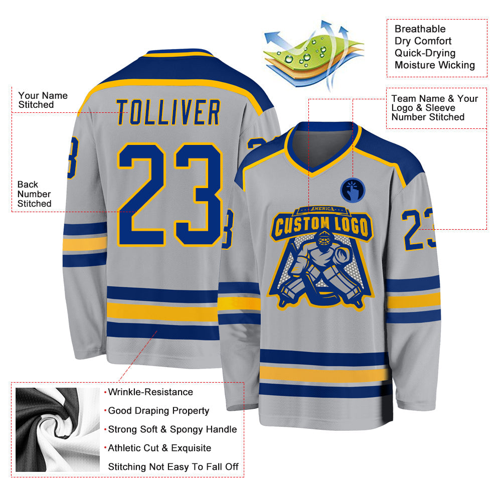 Custom Gray Royal-Gold Hockey Jersey view 3