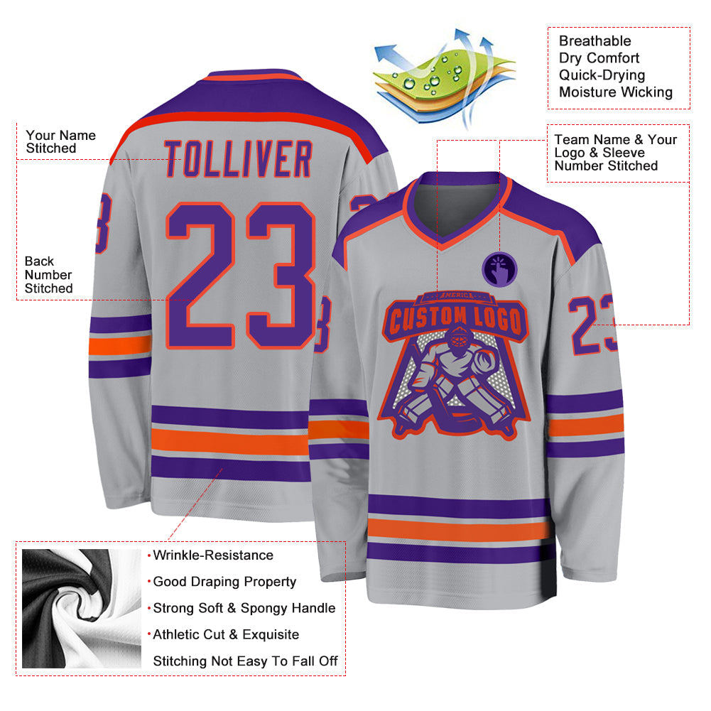 Custom Gray Purple-Orange Hockey Jersey view 3