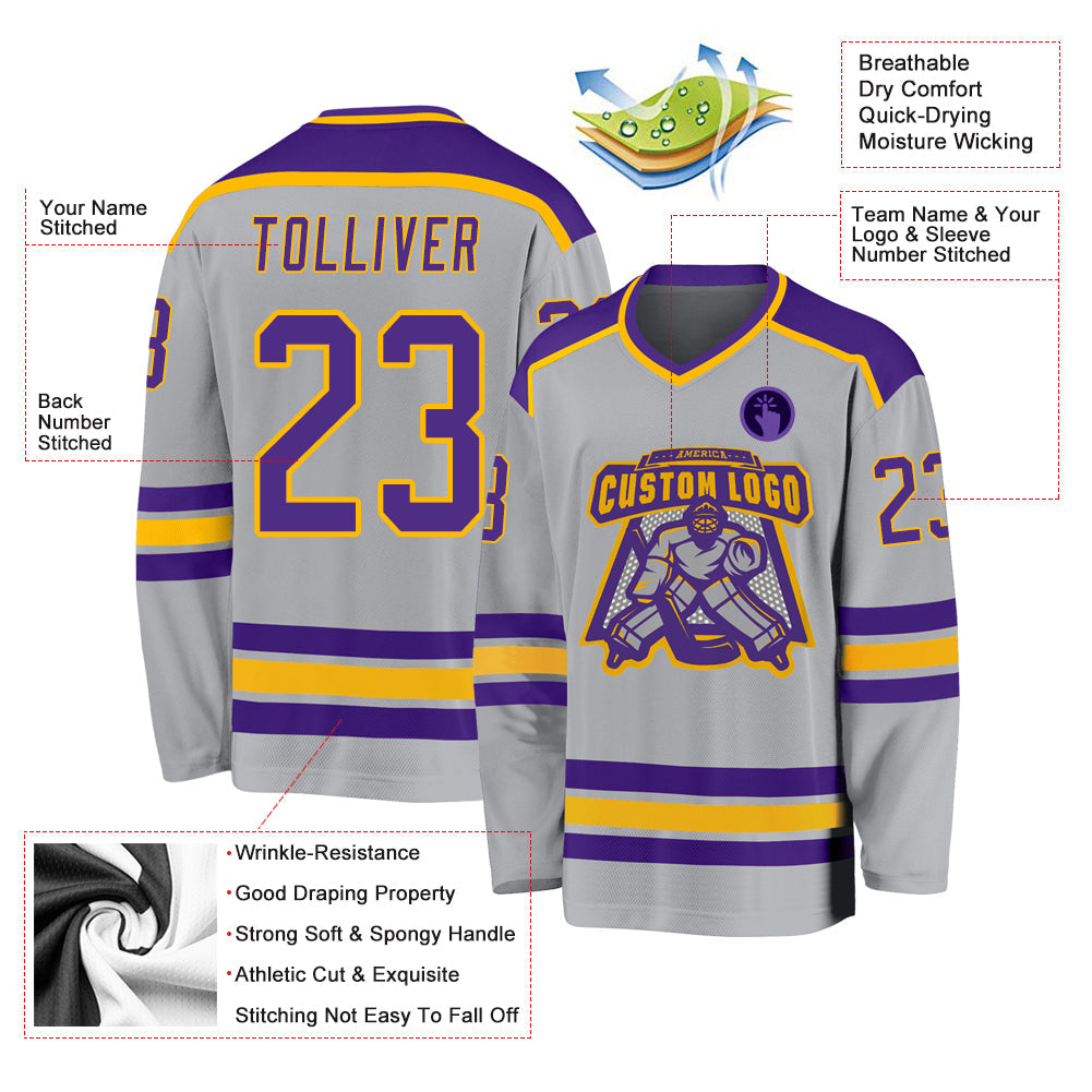 Custom Gray Purple-Gold Hockey Jersey view 3