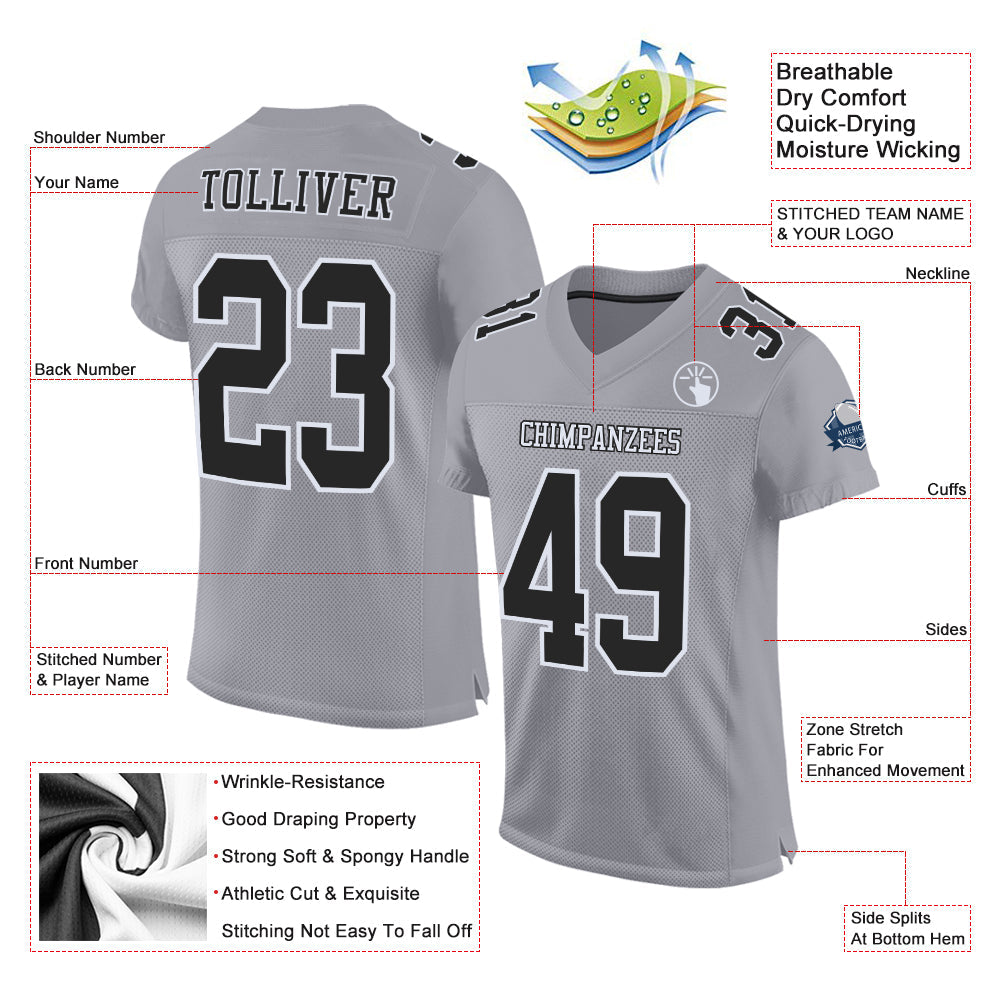 Custom Gray Black-White Mesh Authentic Football Jersey view 2
