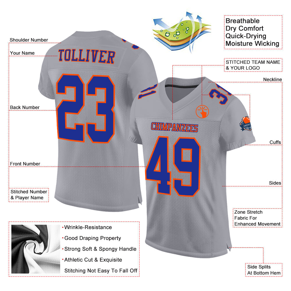 Custom Gray Royal-Orange Mesh Authentic Football Jersey view 2