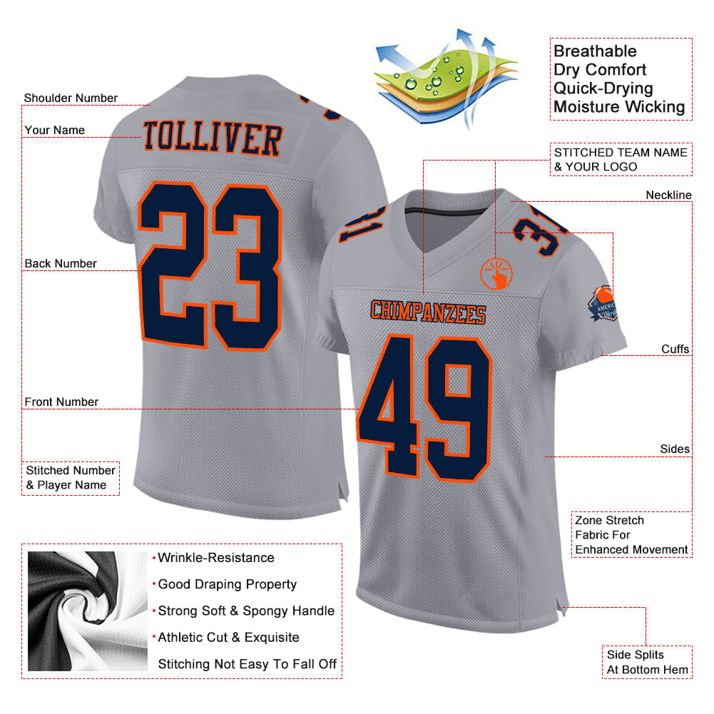 Custom Gray Navy-Orange Mesh Authentic Football Jersey view 2