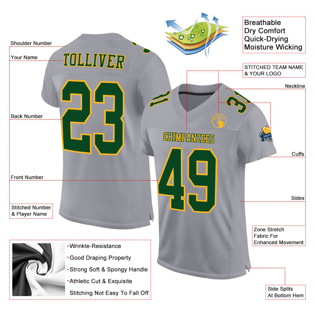 Custom Gray Green-Gold Mesh Authentic Football Jersey view 2