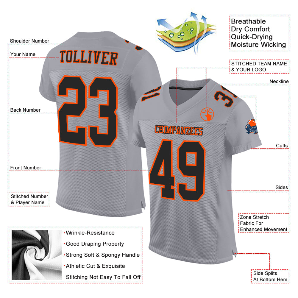 Custom Gray Black-Orange Mesh Authentic Football Jersey view 2