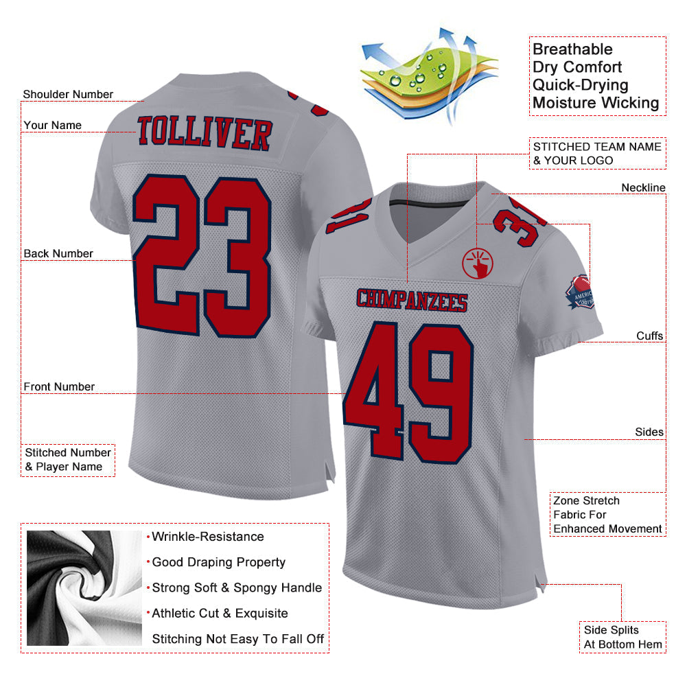 Custom Gray Red-Navy Mesh Authentic Football Jersey view 2