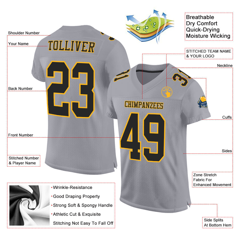 Custom Gray Black-Gold Mesh Authentic Football Jersey view 2