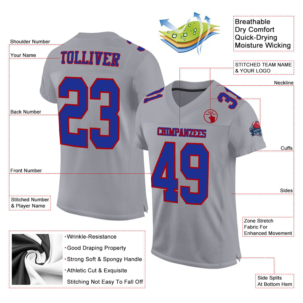 Custom Gray Royal-Red Mesh Authentic Football Jersey view 2