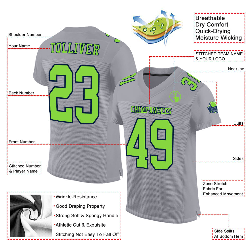 Custom Gray Neon Green-Navy Mesh Authentic Football Jersey view 2