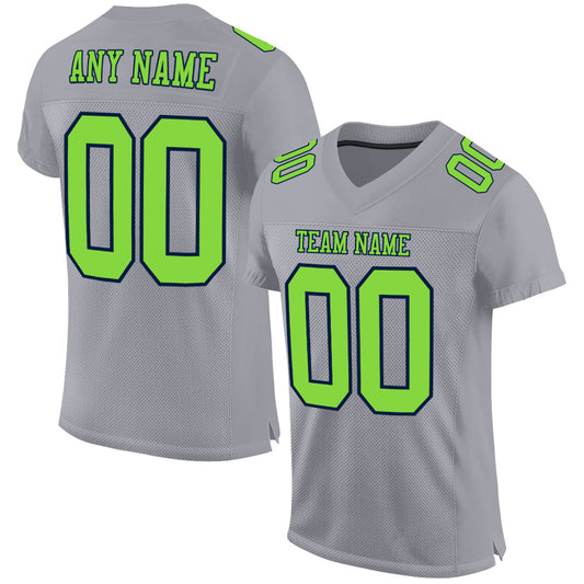 Custom Gray Neon Green-Navy Mesh Authentic Football Jersey - Main View
