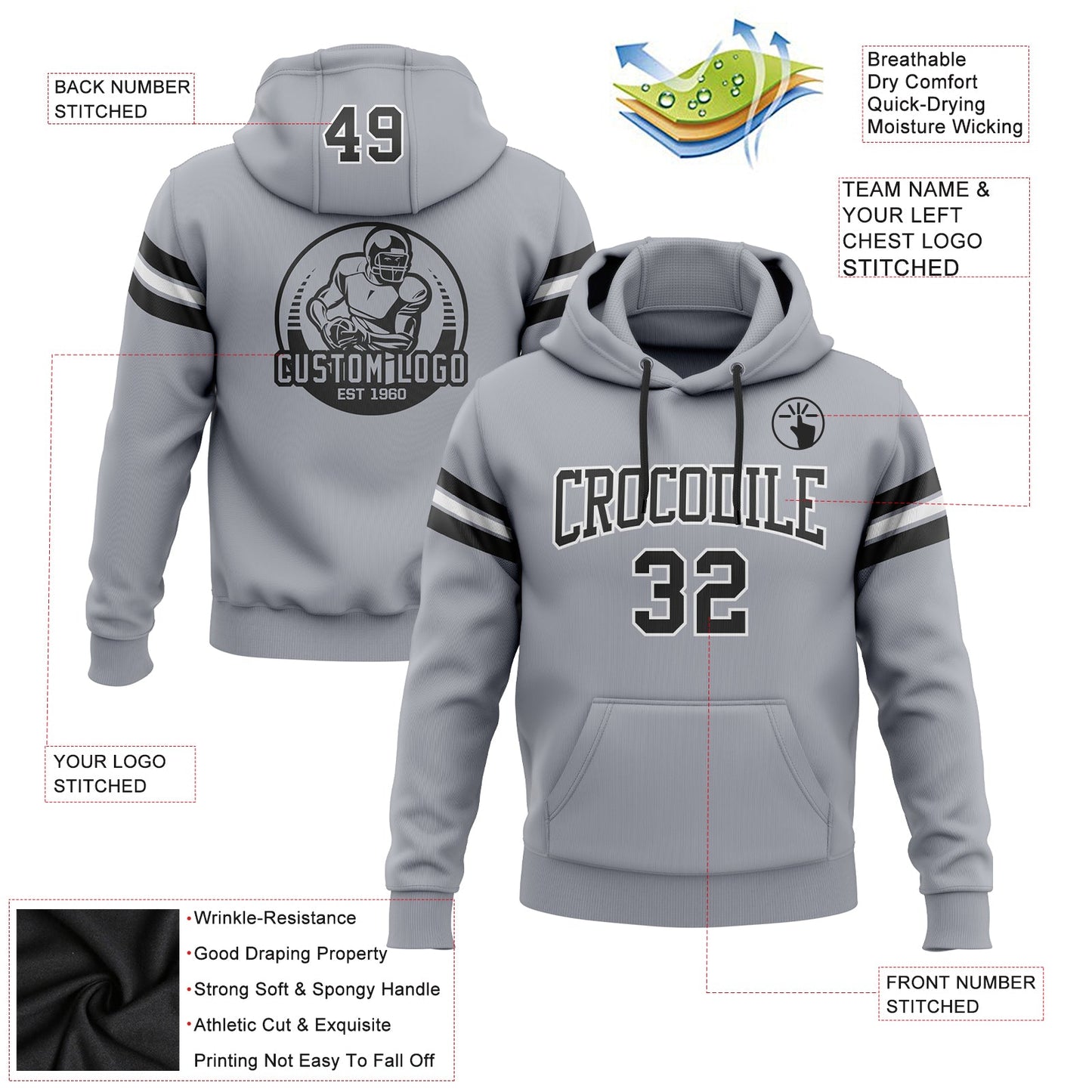 Custom Stitched Gray Black-White Football Pullover Sweatshirt Hoodie view 2