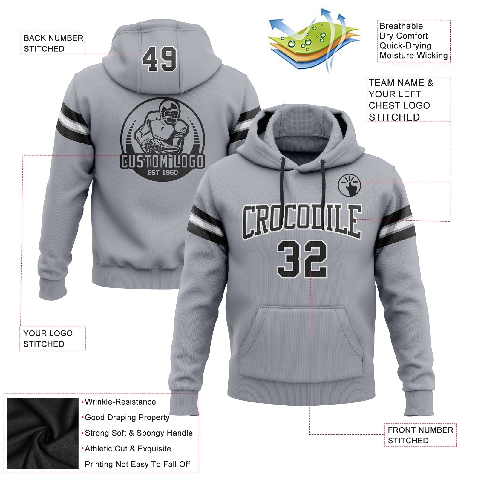 Custom Stitched Gray Black-White Football Pullover Sweatshirt Hoodie view 2