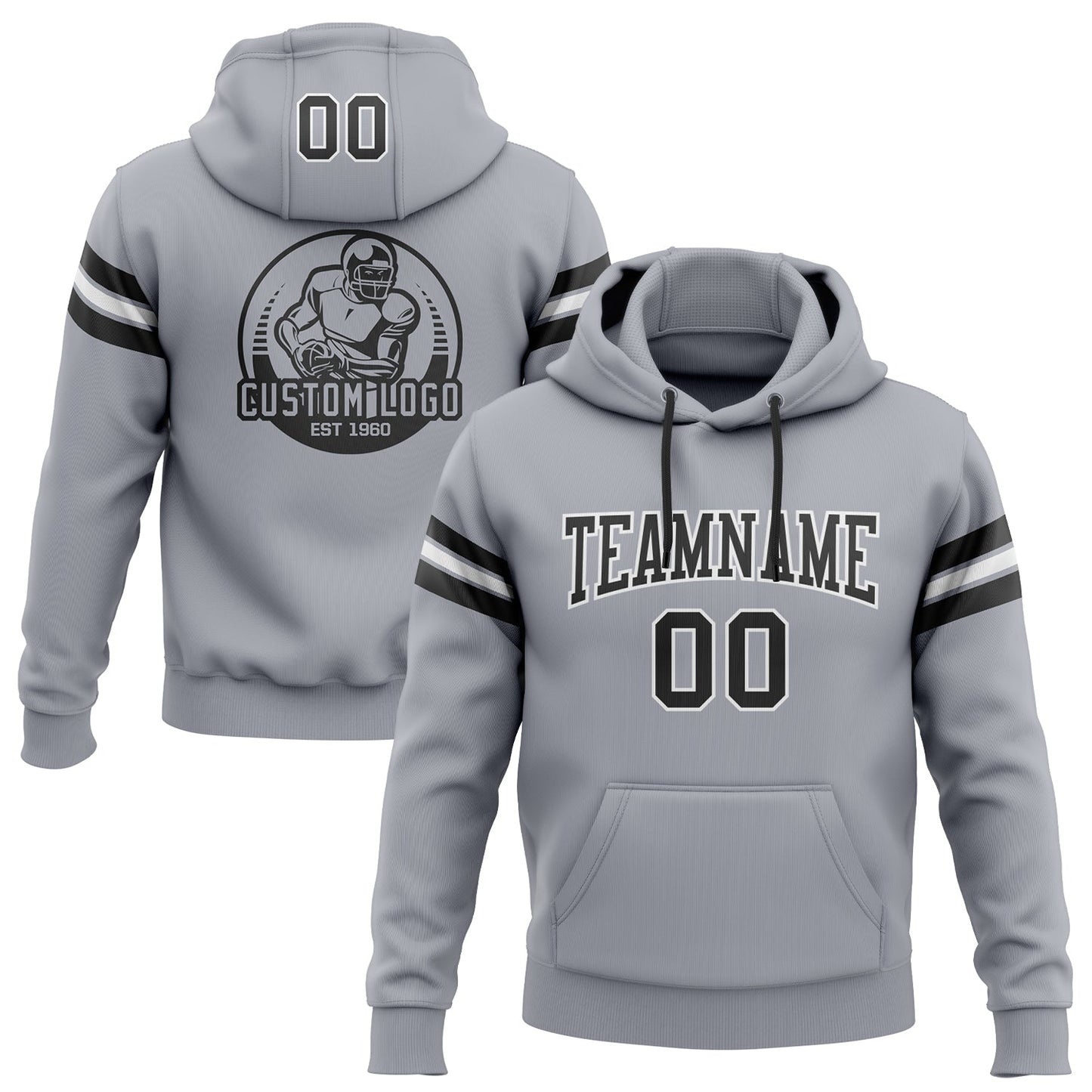 Custom Stitched Gray Black-White Football Pullover Sweatshirt Hoodie - Main View