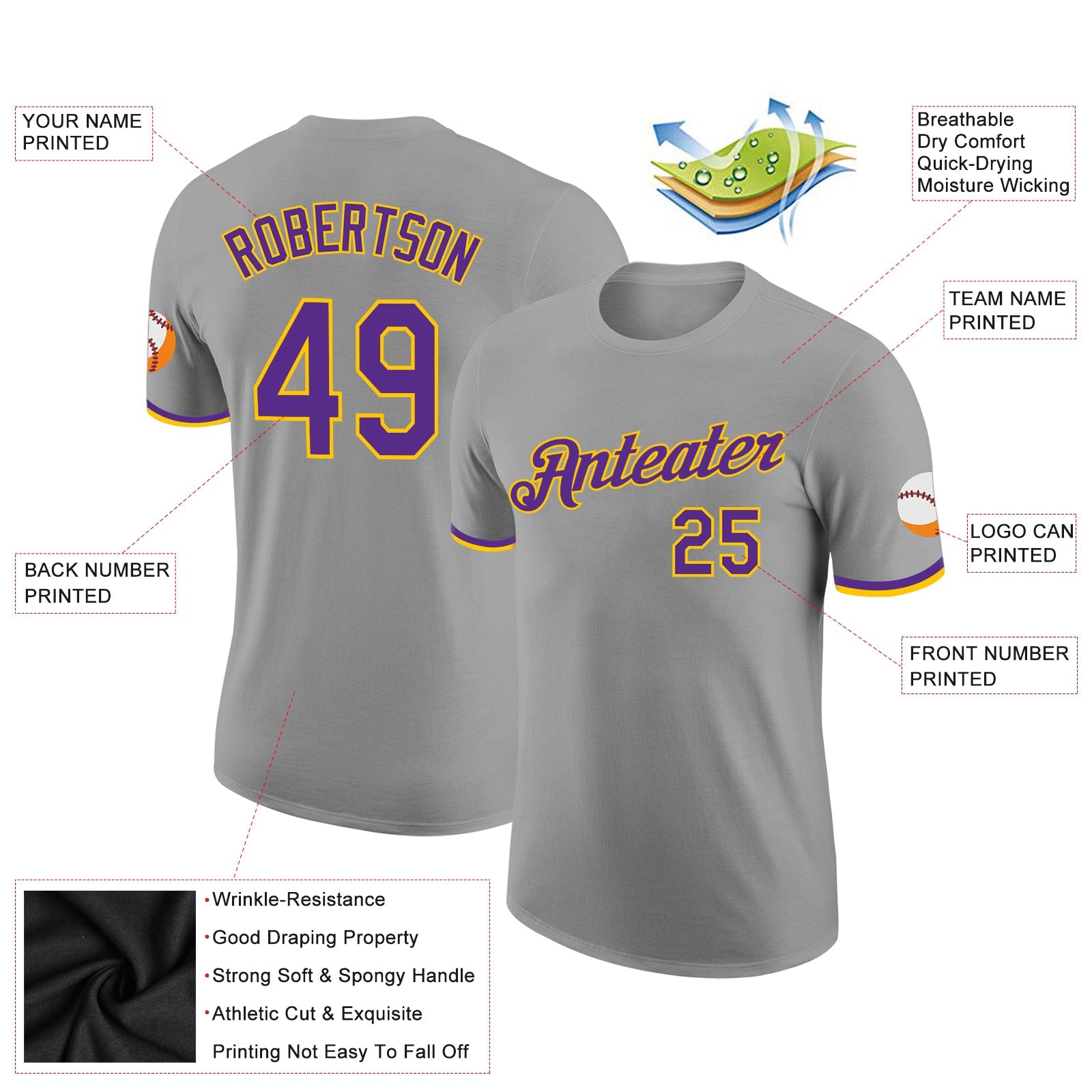 Custom Gray Purple-Gold Performance T-Shirt view 2