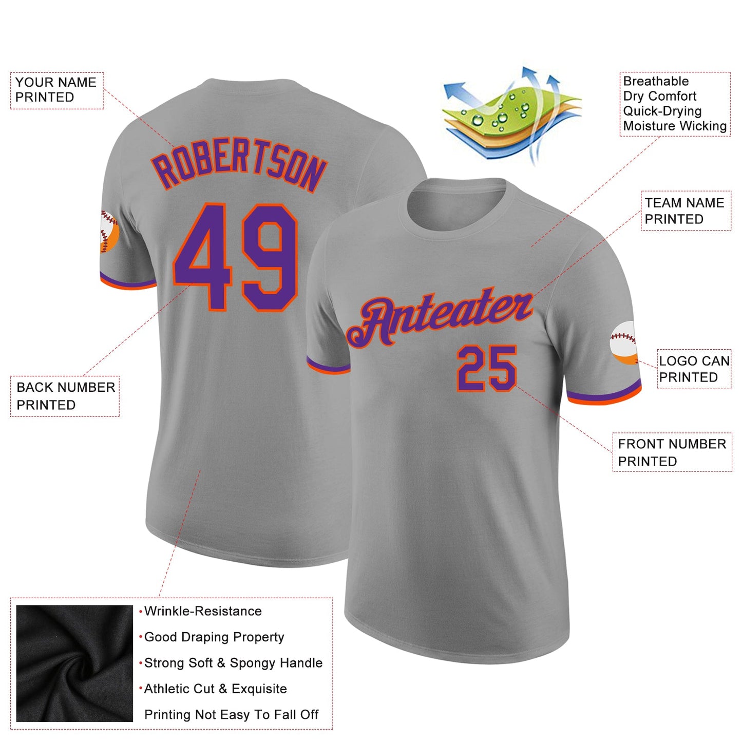 Custom Gray Purple-Orange Performance T-Shirt view 2