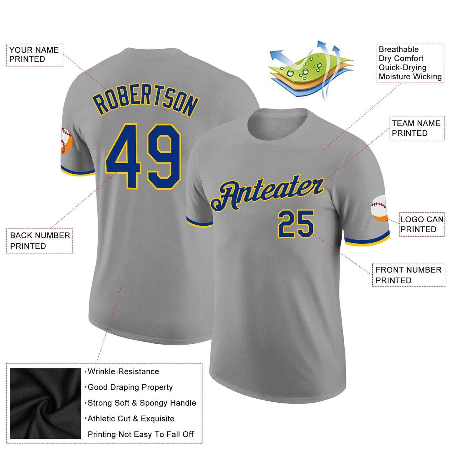 Custom Gray Royal-Gold Performance T-Shirt view 2