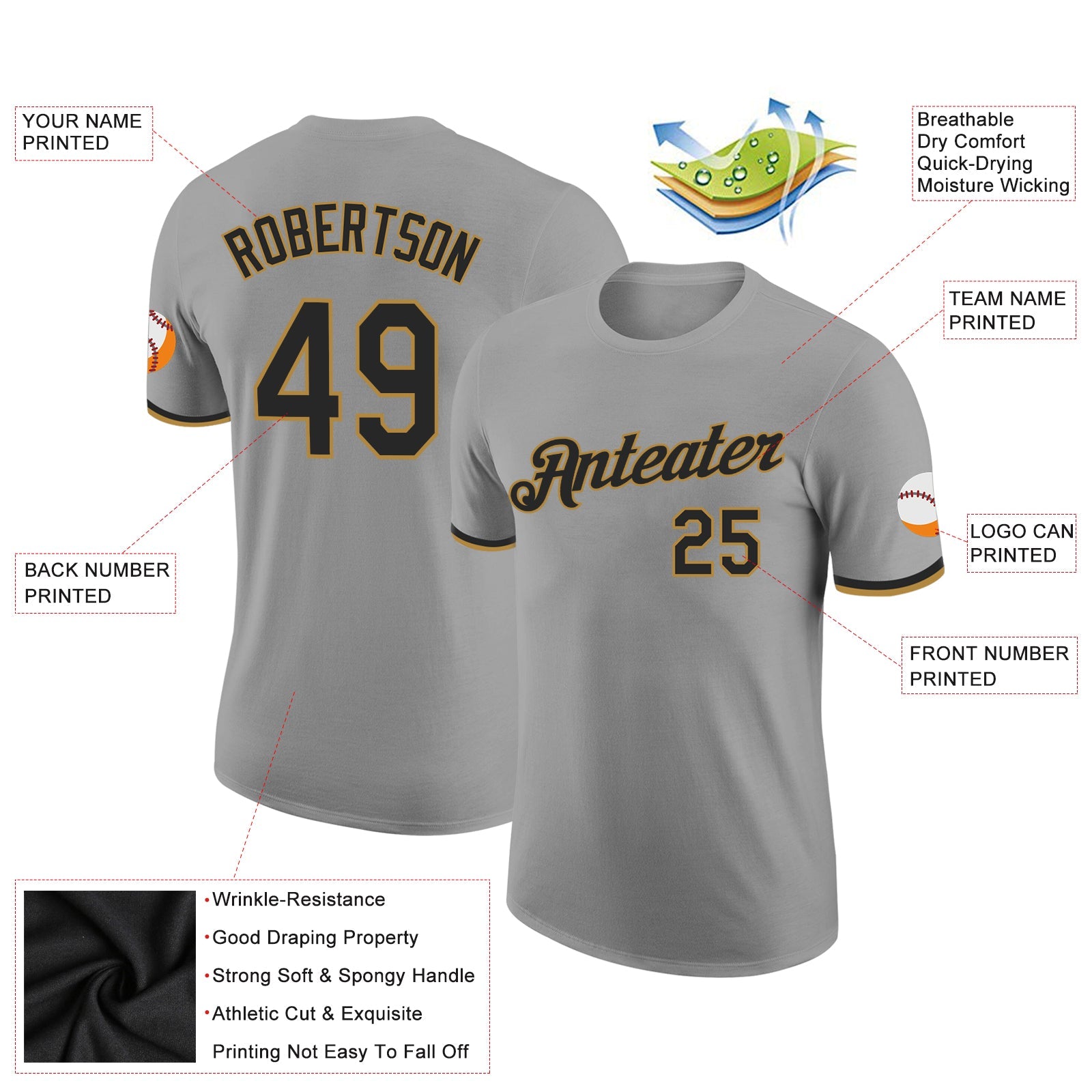 Custom Gray Black-Old Gold Performance T-Shirt view 2