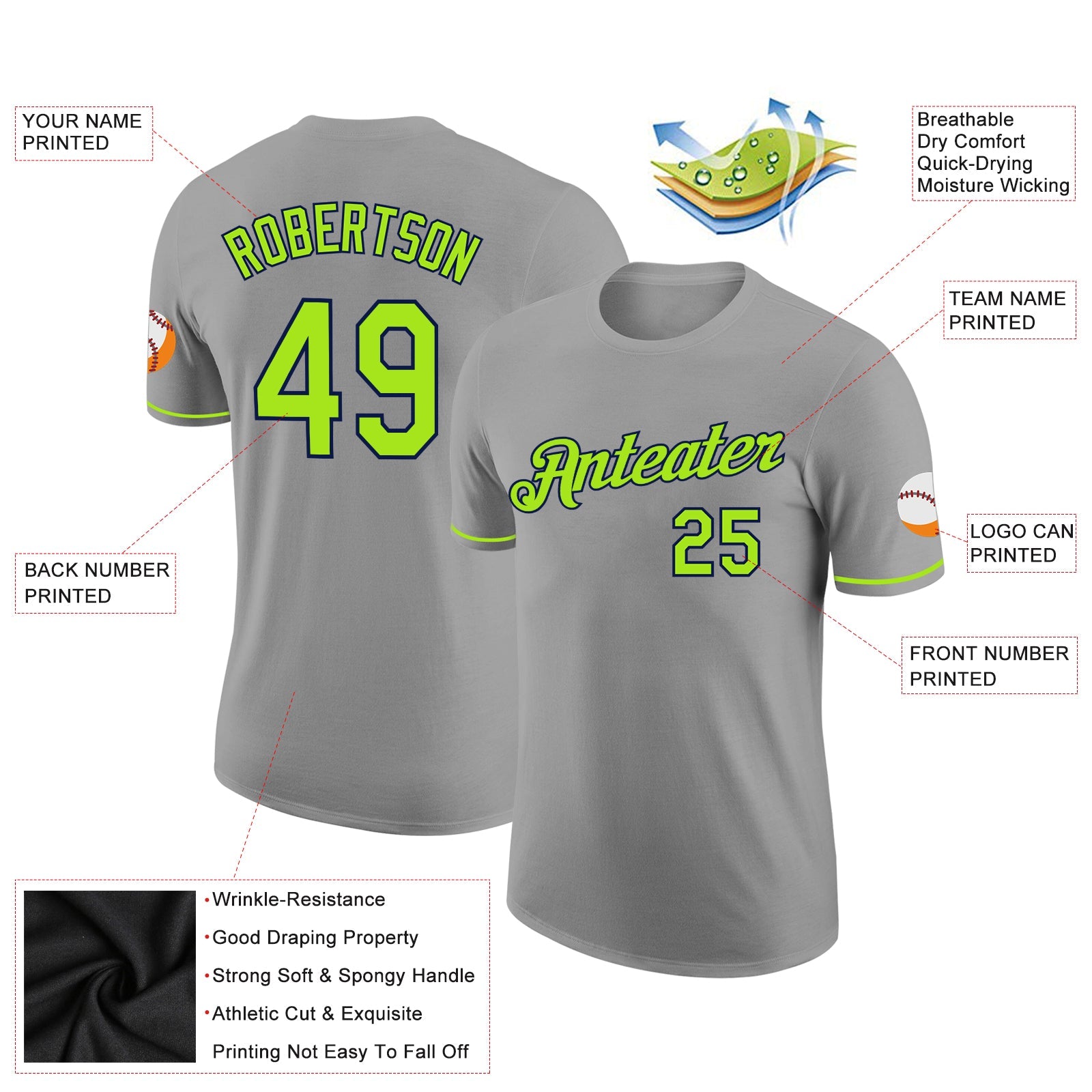 Custom Gray Neon Green-Navy Performance T-Shirt view 2