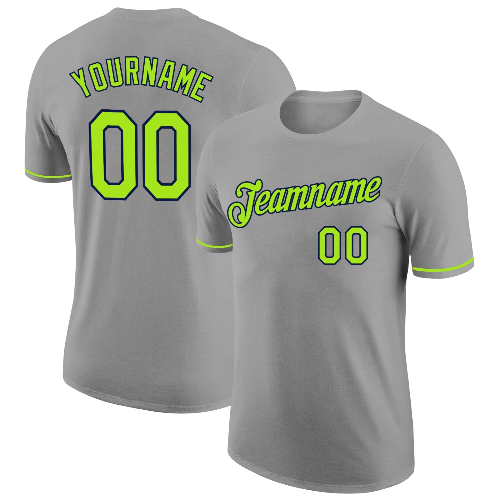 Custom Gray Neon Green-Navy Performance T-Shirt - Main View