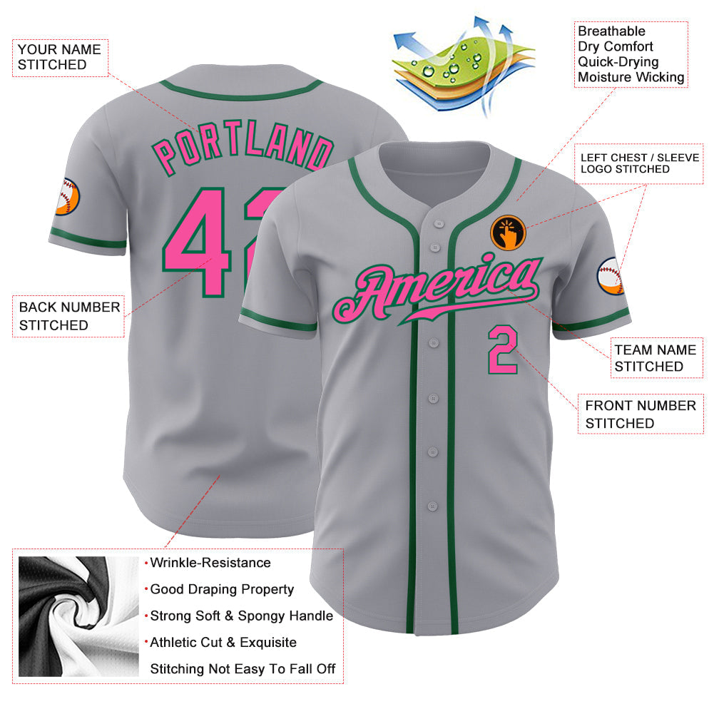 Custom Gray Pink-Kelly Green Authentic Baseball Jersey view 3