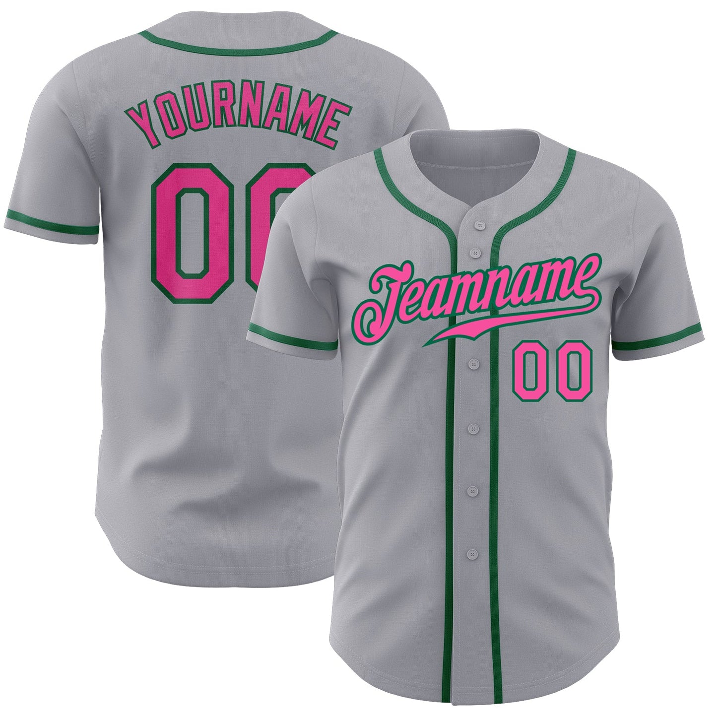 Custom Gray Pink-Kelly Green Authentic Baseball Jersey - Main View