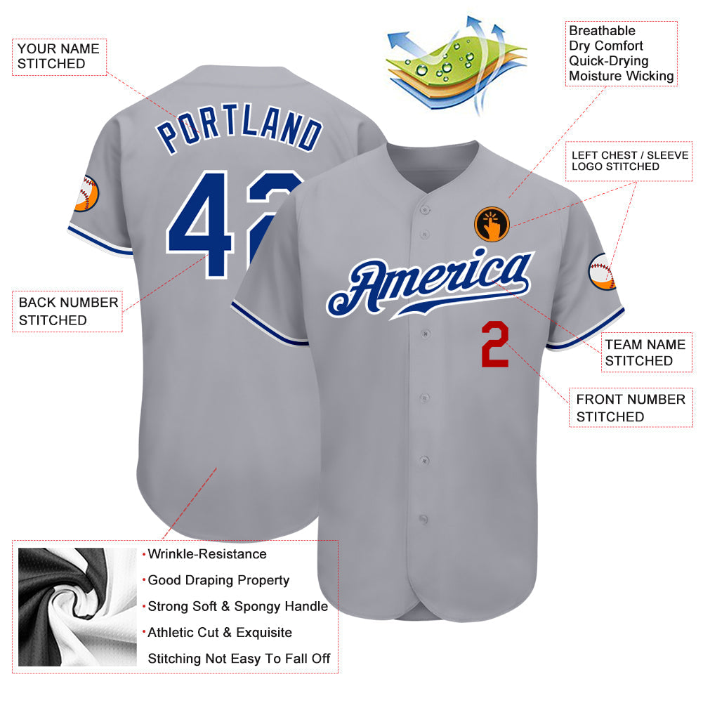 Custom Gray Royal-Red Authentic Baseball Jersey view 3