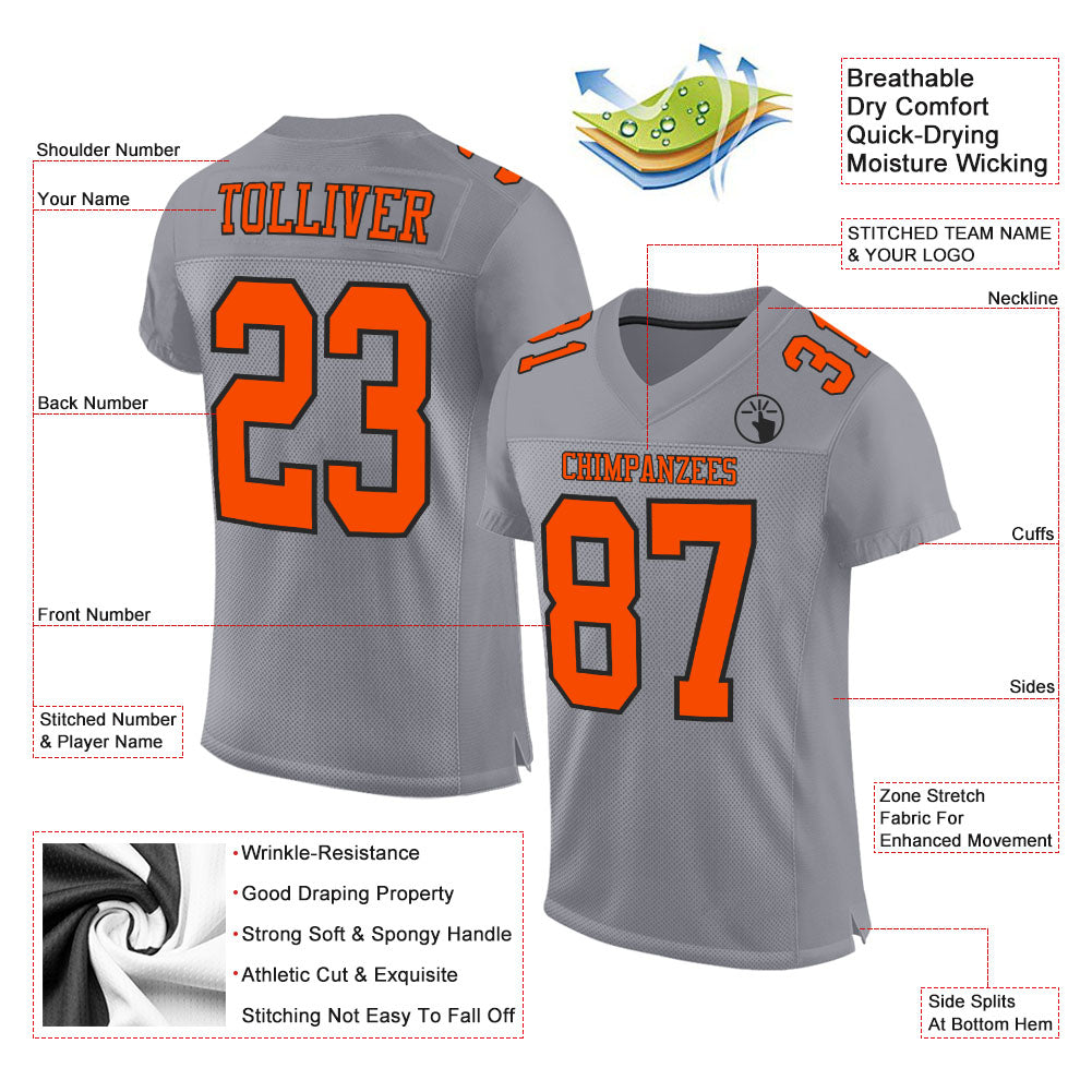 Custom Gray Orange-Black Mesh Authentic Football Jersey view 2
