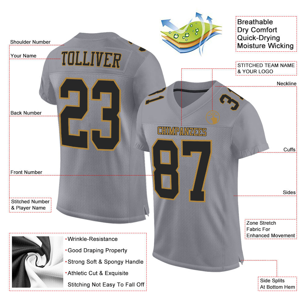 Custom Gray Black-Old Gold Mesh Authentic Football Jersey view 2