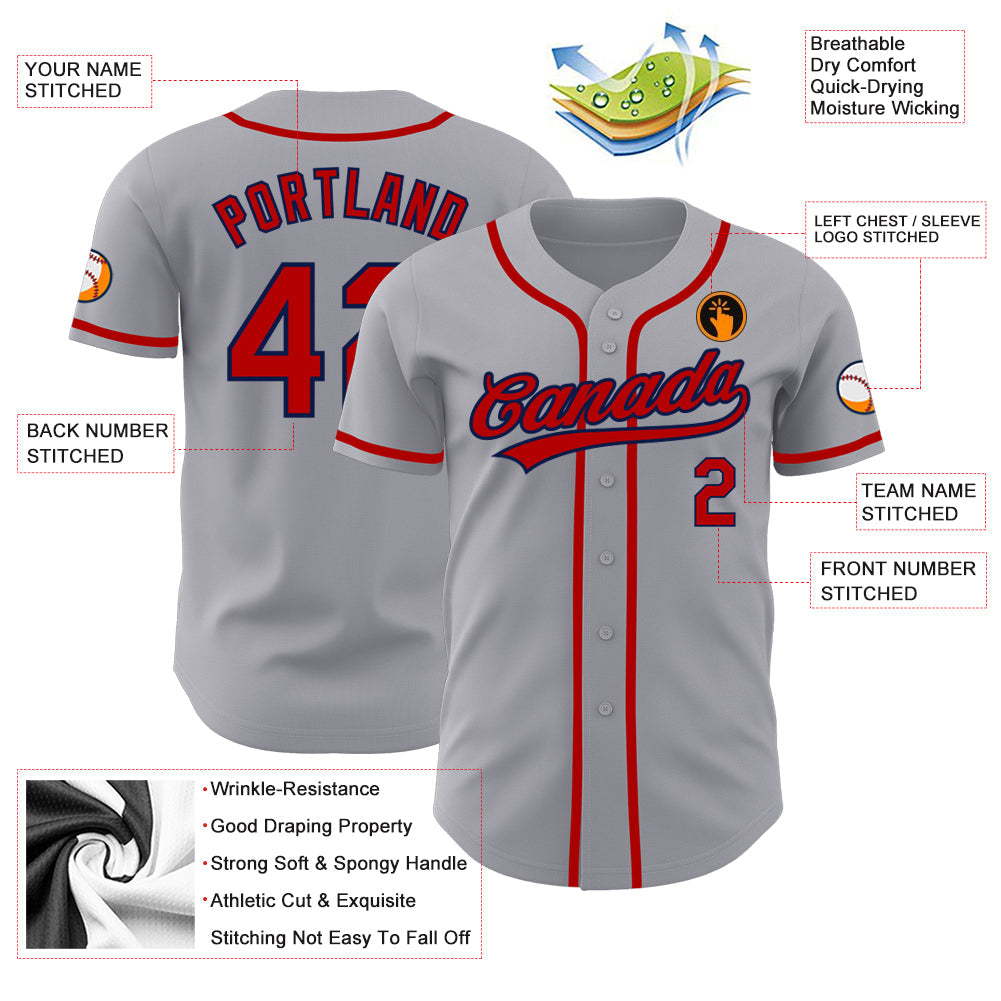Custom Gray Red-Navy Authentic Baseball Jersey view 3