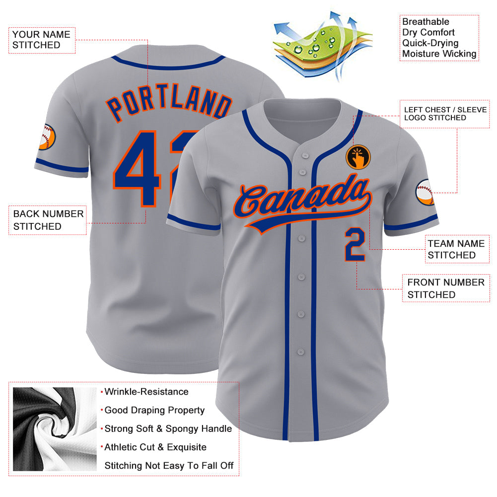 Custom Gray Royal-Orange Authentic Baseball Jersey view 3