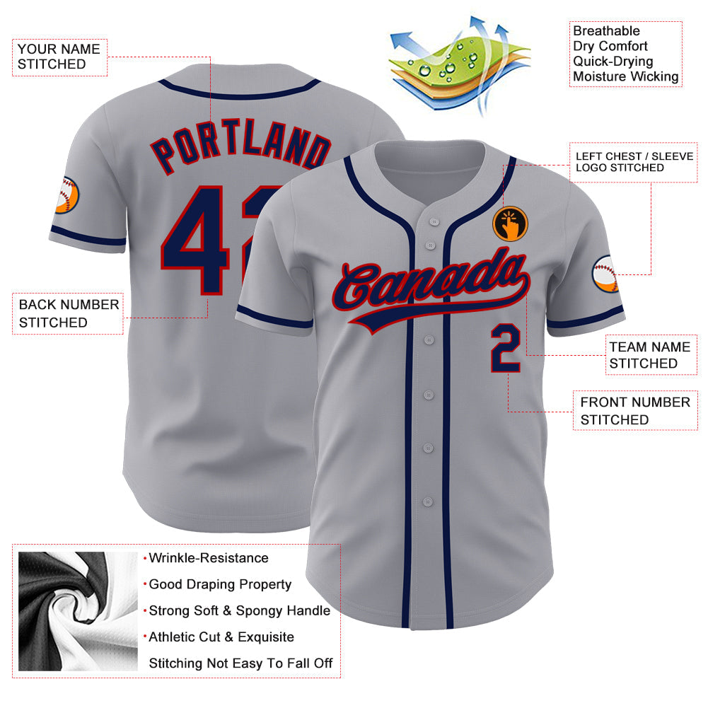 Custom Gray Navy-Red Authentic Baseball Jersey view 3