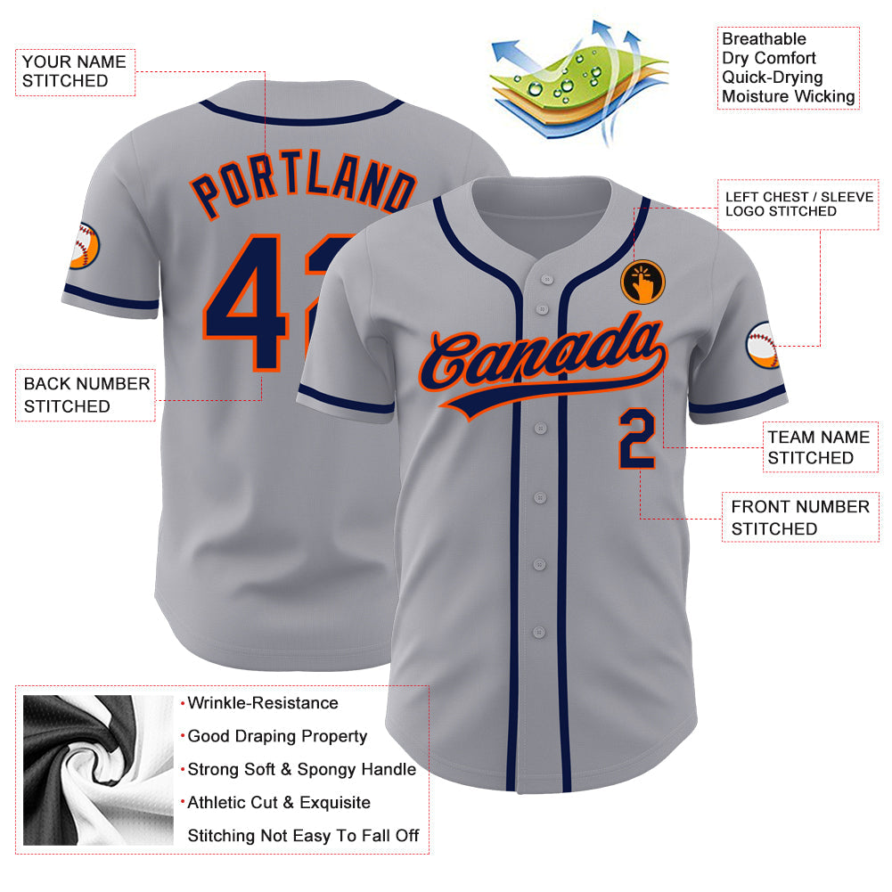 Custom Gray Navy-Orange Authentic Baseball Jersey view 3