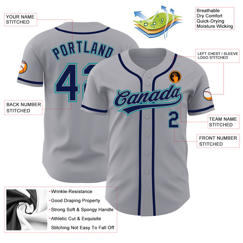 Custom Gray Navy-Teal Authentic Baseball Jersey view 3