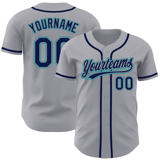 Custom Gray Navy-Teal Authentic Baseball Jersey - Main View