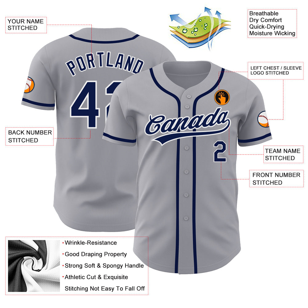 Custom Gray Navy-White Authentic Baseball Jersey view 3