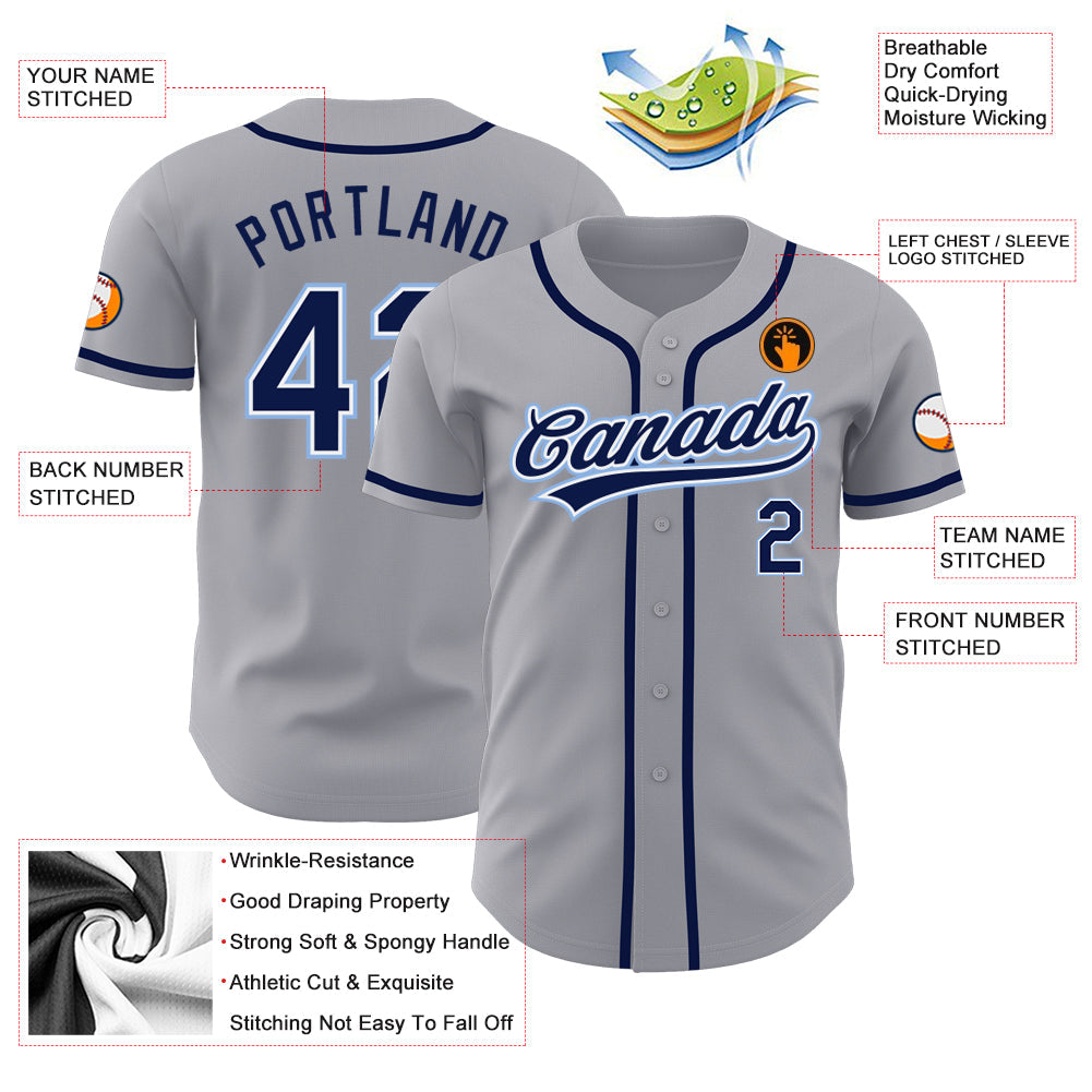 Custom Gray Navy-Light Blue Authentic Baseball Jersey view 3