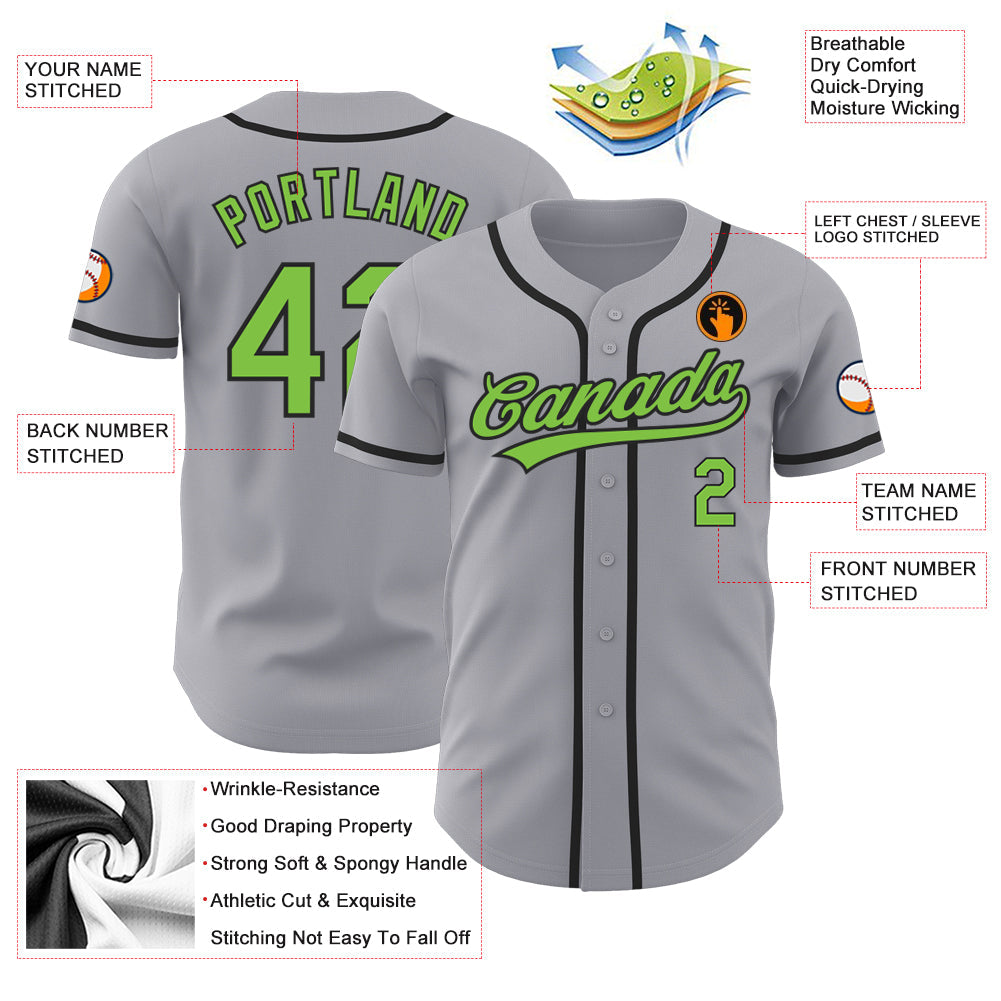 Custom Gray Neon Green-Black Authentic Baseball Jersey view 3