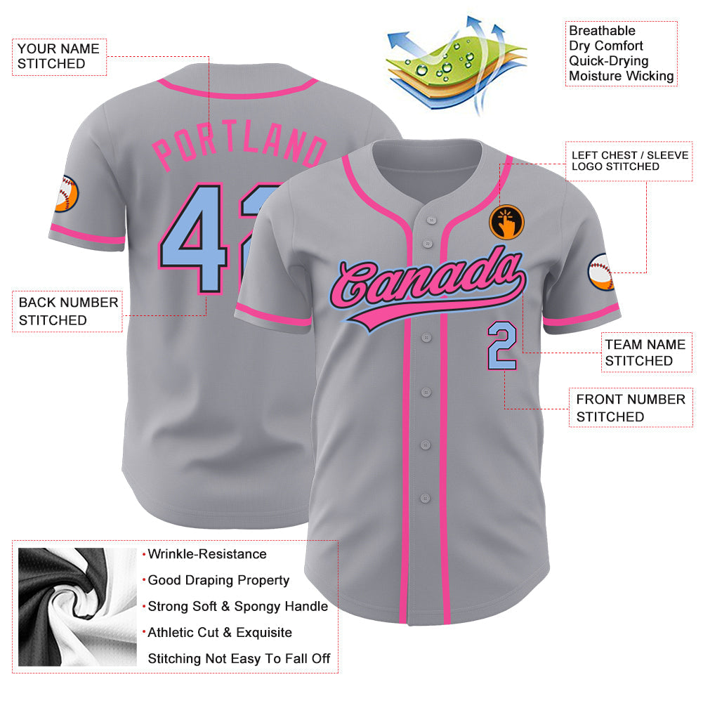 Custom Gray Light Blue Black-Pink Authentic Baseball Jersey view 3