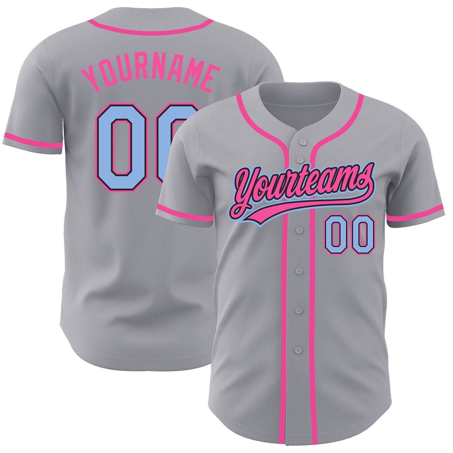 Custom Gray Light Blue Black-Pink Authentic Baseball Jersey - Main View