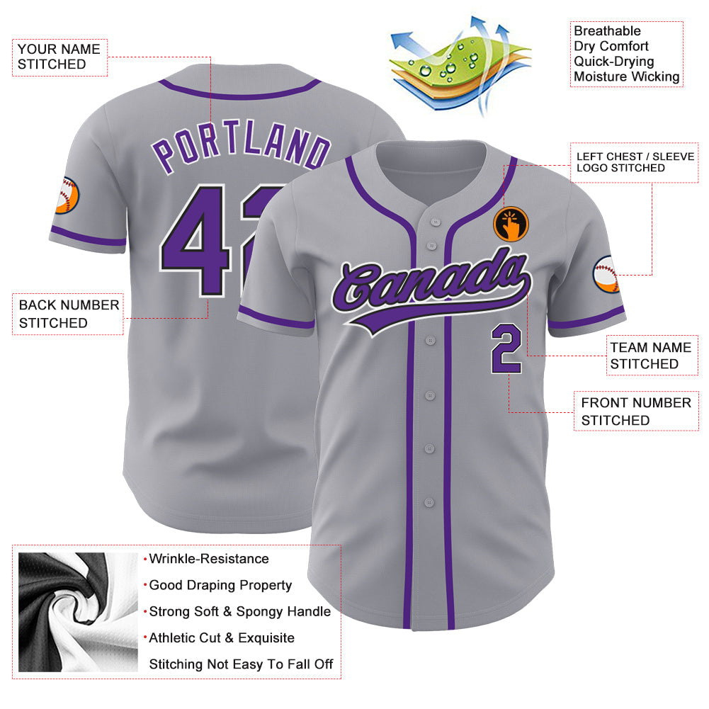 Custom Gray Purple-Black Authentic Baseball Jersey view 3